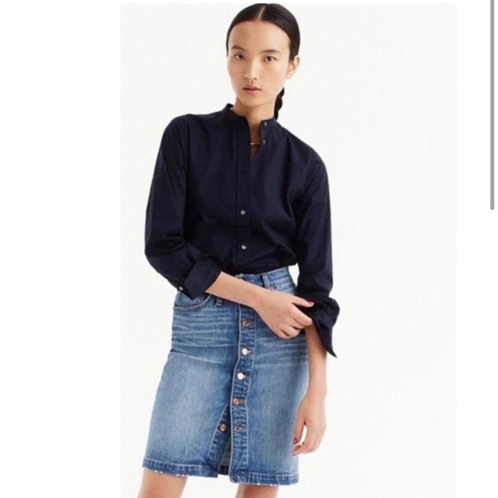 J. Crew Navy Blue Poplin Button Up Collarless Stretch Perfect Bodysuit Sz 18 - Picture 6 of 6